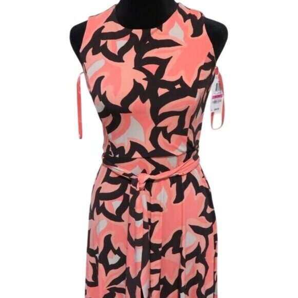 Charter Club Petite Abstract Sleeveless Belted Fit & Flare Dress Oranges Black - Picture 1 of 9